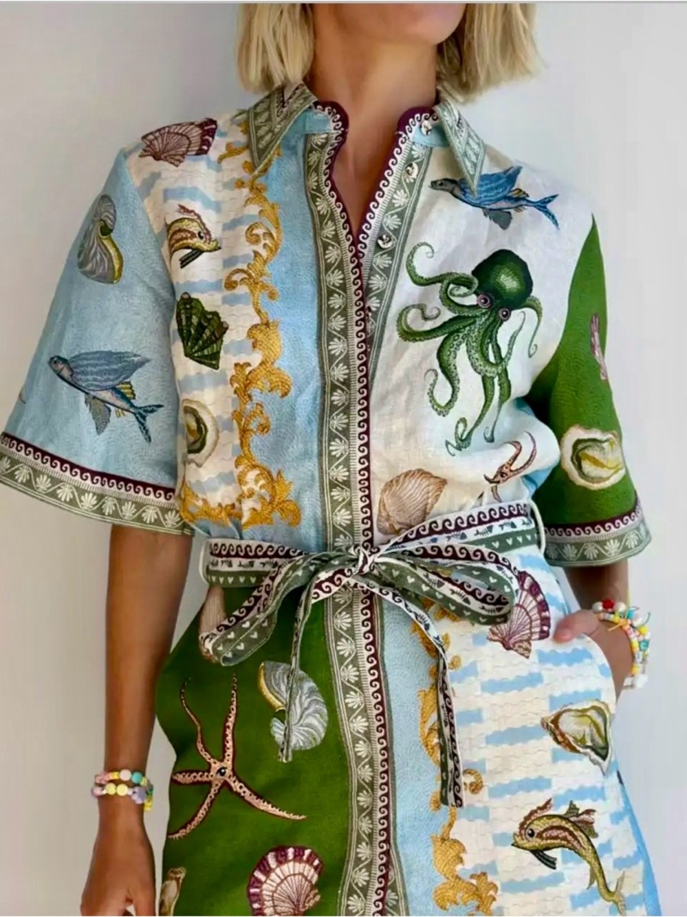 Ocean Motif Tie-Waist Mini Dress in Green & Light Blue NWT - Picture 3 of 4
